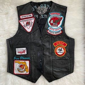 Vintage Diamond Plate Leather Motorcycle Biker Vest w/ Patches